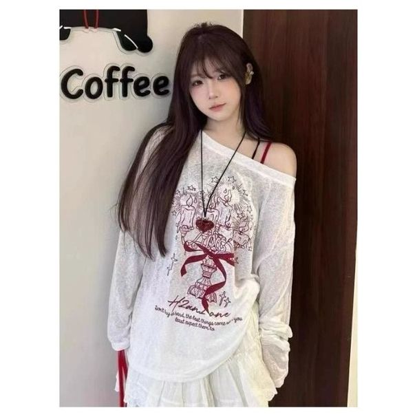 2081fs American Style Graffiti Print T-Shirt For Women New Thin Sunscreen Cover-U Loose Fit Off-Shoulder Long Sleeve_voghion.com