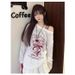 2081fs American Style Graffiti Print T-Shirt For Women New Thin Sunscreen Cover-U Loose Fit Off-Shoulder Long Sleeve_voghion.com