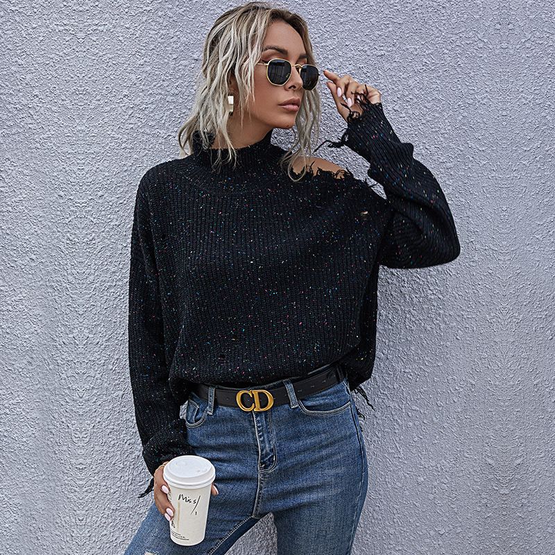 Women's clothing loose off-shoulder ripped long-sleeved turtleneck autumn knitted sweater for women's popular autumn clothing_voghion.com