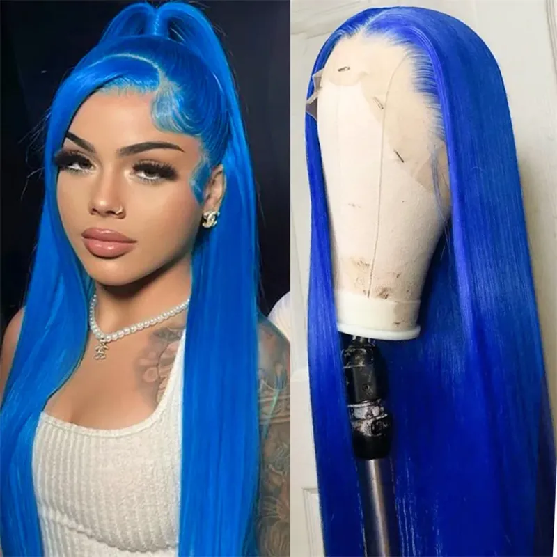 Kleberfreie blaue, glatte HD-Spitzen-Frontalperücke für Frauen, vorgezupfte, marineblaue, transparente Echthaarperücken_voghion.com