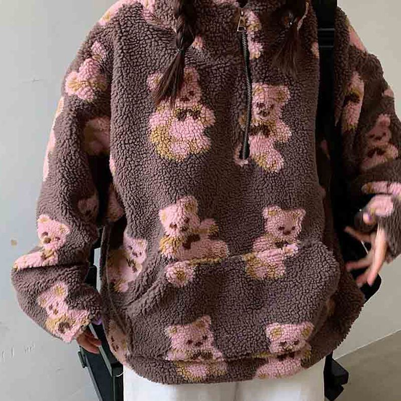 Women's Clothing Bear lamb wool jacket women's loose hooded Korean version autumn and winter new thickened sweater women's design niche_voghion.com