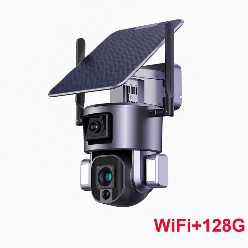 Caméra de sécurité à double objectif alimentée par énergie solaire - Zoom optique Surveillance Wi-Fi longue portée Affichage sur écran partagé Utilisation extérieure résistante aux intempéries Vision nocturne_voghion.com