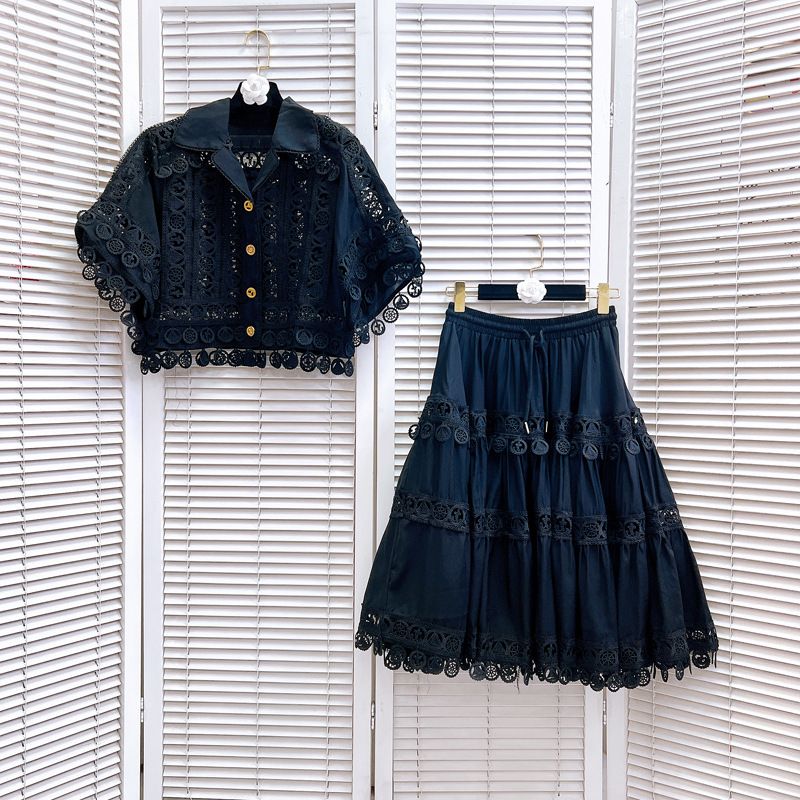 Women's Clothing Retro Autumn New Style Lapel Embroidered Lace Splicing Short Shirt With Large Swing Skirt Suit_voghion.com