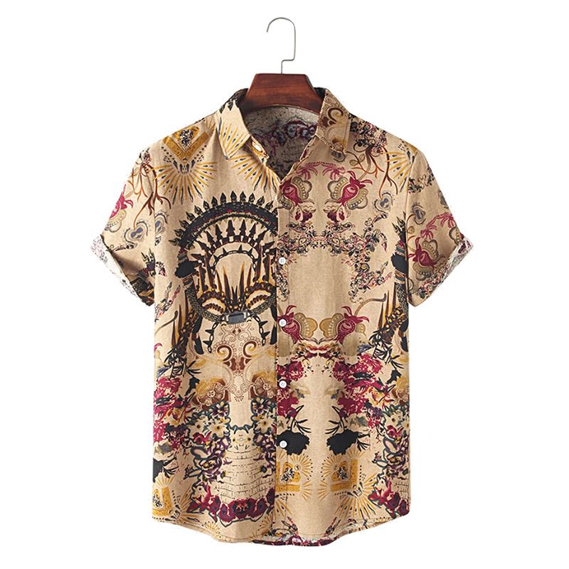 Men's fashion ethnic style printed short sleeve lapel men's shirt_voghion.com