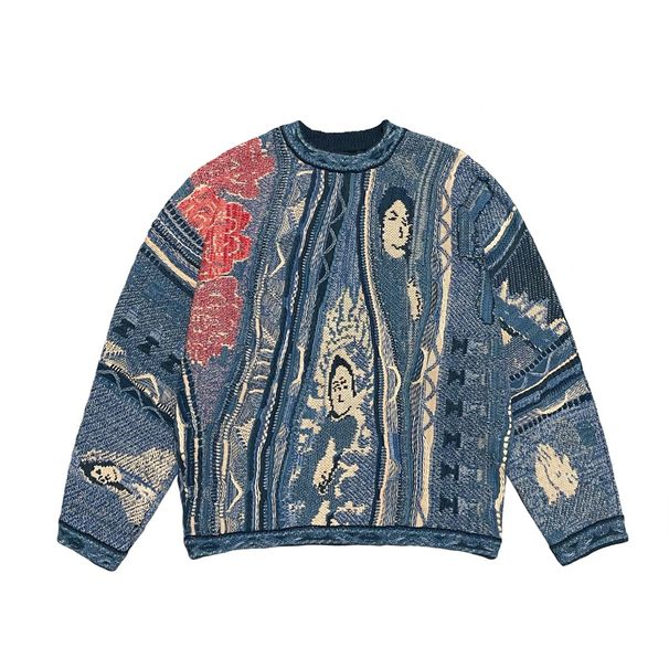 Vintage Contrast Ethnic Style Portrait Knitted Round Neck Pullover Sweater Jacquard Large Size_voghion.com