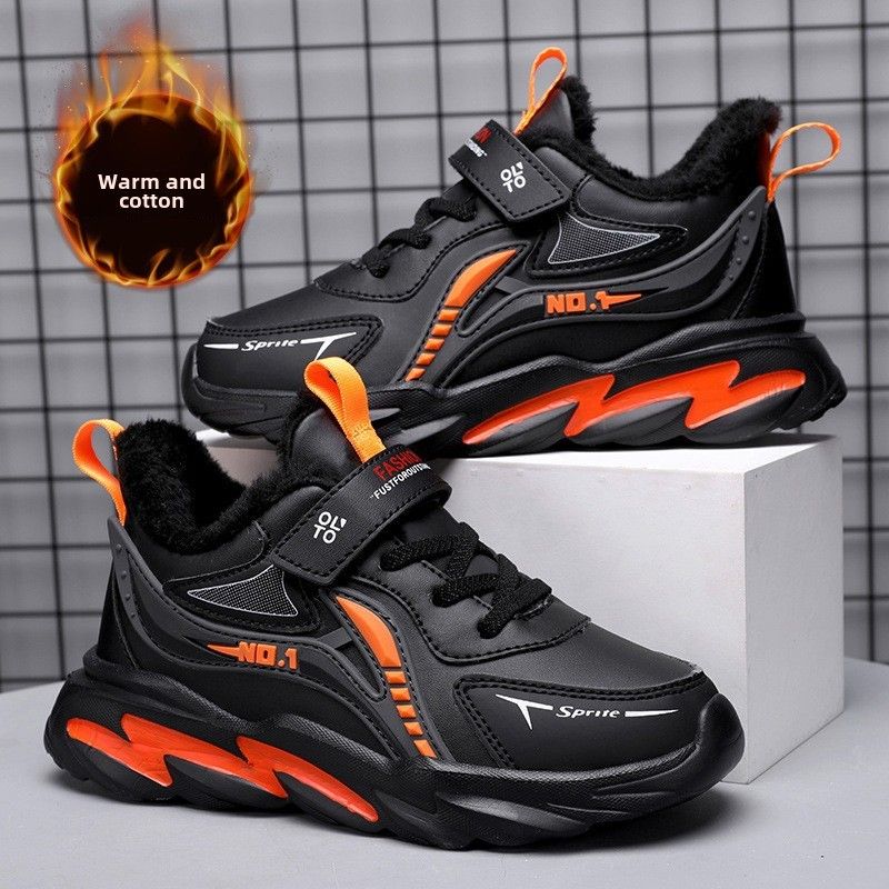 Boys' casual sports shoes, new winter cotton thickened Velcro leather surface waterproof, non-slip and wear-resistant student sports shoes_voghion.com