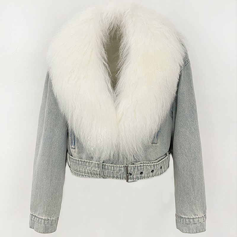 Giacca in denim convertibile con collo in lana da donna, con bordo in pelliccia sintetica staccabile e cintura regolabile (XS-L, colorazione denim/tè al latte)_voghion.com