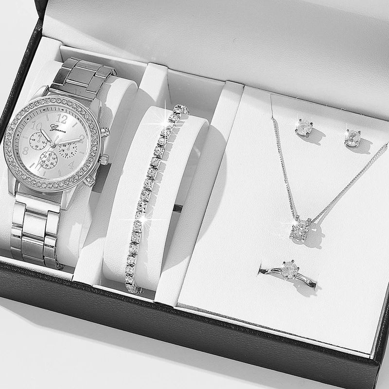 5 Pcs Set Steel Strap Women's Watch Three Eye Ladies' Casual Quartz Watch Set_voghion.com