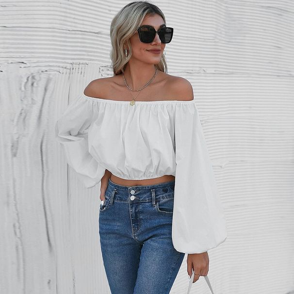 Spring and Summer New Women's White Lantern Sls Temperament Commuter Pullover Solid Color Sexy One Line Neck Long_voghion.com