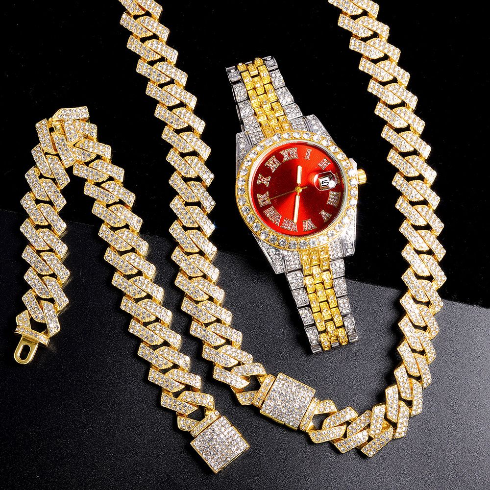 Herrenuhren Elegant Diamanten-Set Hip-Hop Quartz-Auer mat groussem Zifferblat, 3 Stéck/Set_voghion.com