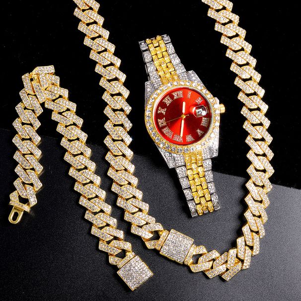 Herrenuhren Elegant Diamanten-Set Hip-Hop Quartz-Auer mat groussem Zifferblat, 3 Stéck/Set_voghion.com
