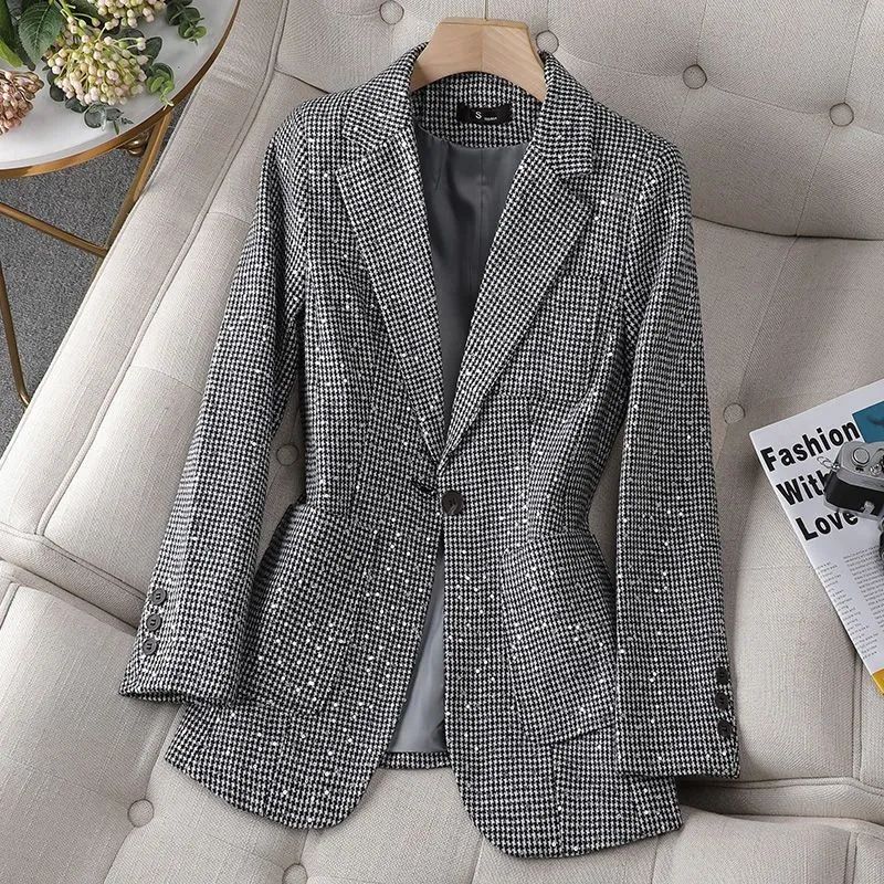 Dame blazer sæt i to dele forår efterår ny mode glitter vintage jakkesæt Elegante afslappede shorts + skinnende ternet_voghion.com