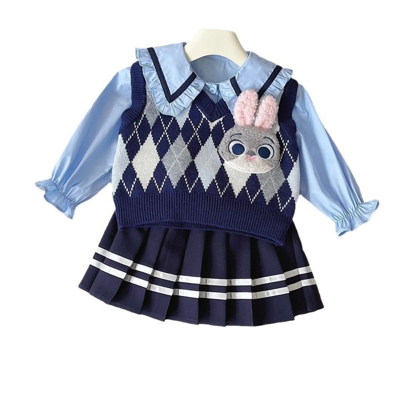 Mother & Kids Girls Rabbit Police Officer Uniform Cute Suit Children's Knitted Vest Skirt Suit_voghion.com