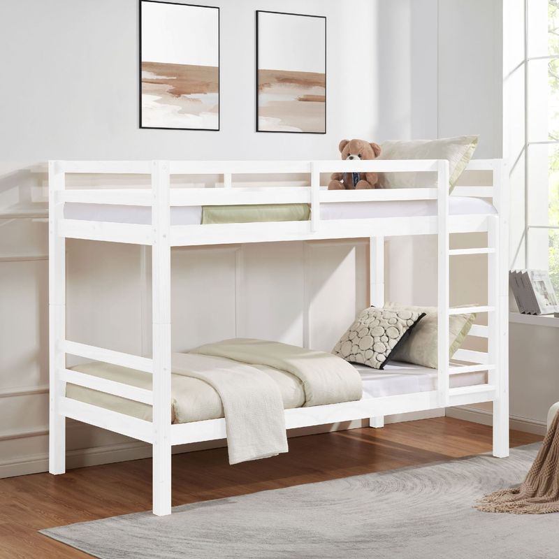 Twin Over Twin Bunk Bed With Thick Posts,Wooden Bunk Bed With High Guardrail And Ladder For Kids, Teens, Dorm Rooms, And Guest Rooms,No Box Spring Needed,White_voghion.com