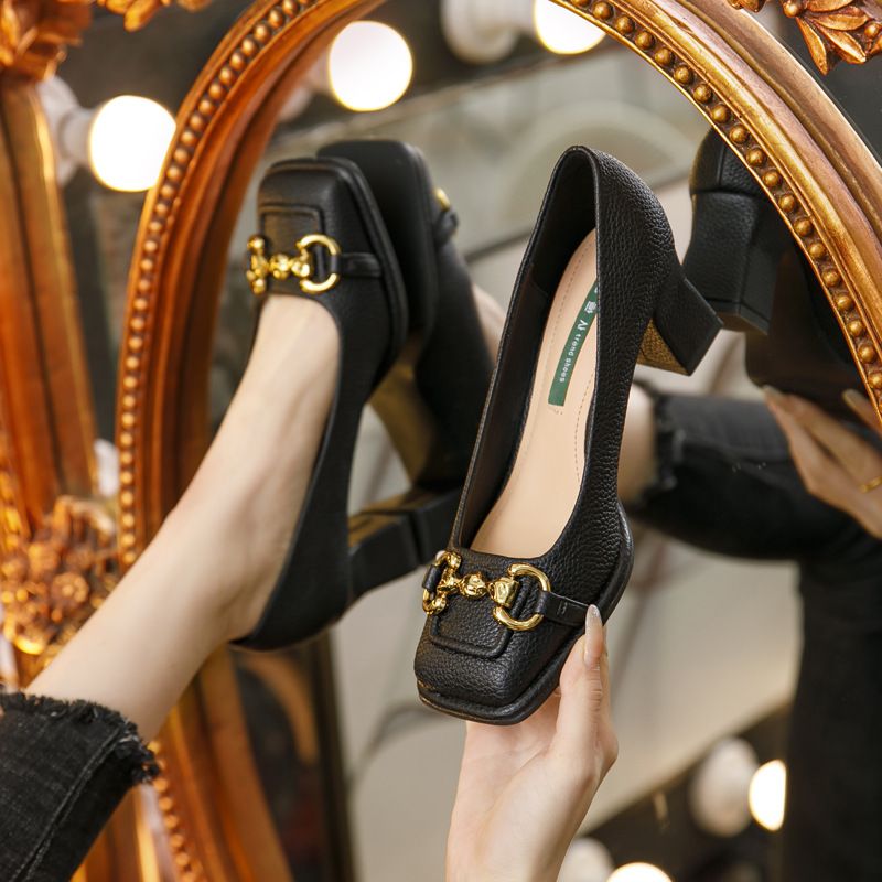 Vintage buty na wysokim obcasie z kwadratową główką damskie 2023 nowa klamra w kształcie konia francuska Mary Jane profesjonalne buty robocze na grubym obcasie_voghion.com