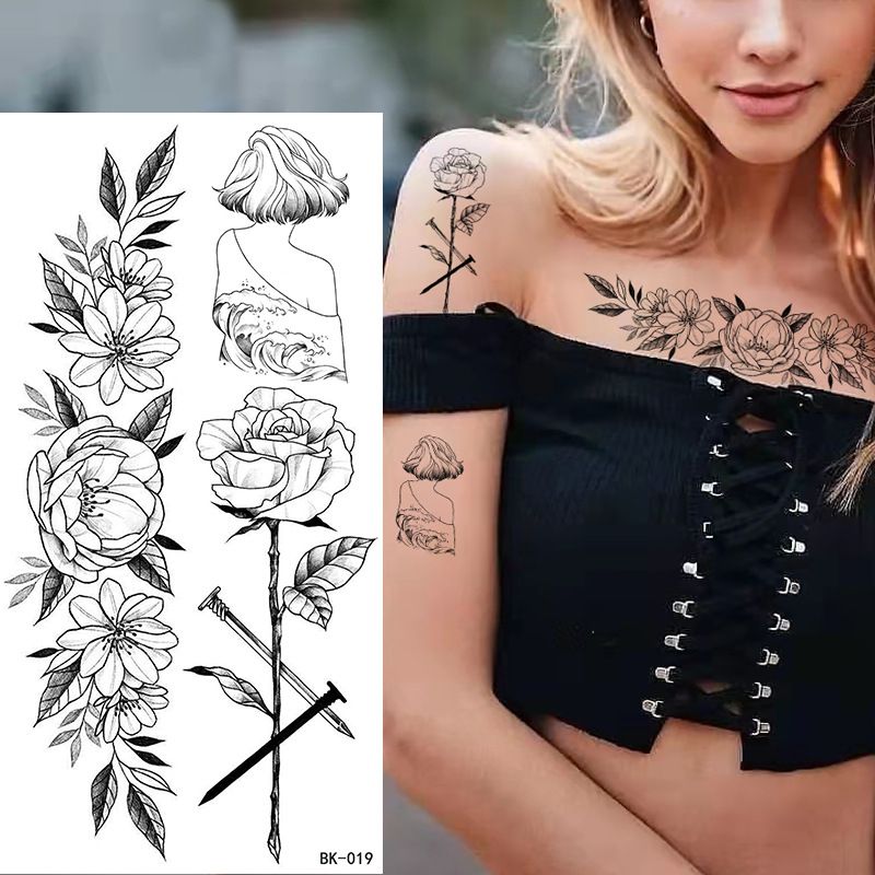 Adesivos de tatuagem de esboço de flor exclusivos Adesivos de tatuagem de esboço de flor de rosa Tatuagem de flor preta e branca_voghion.com