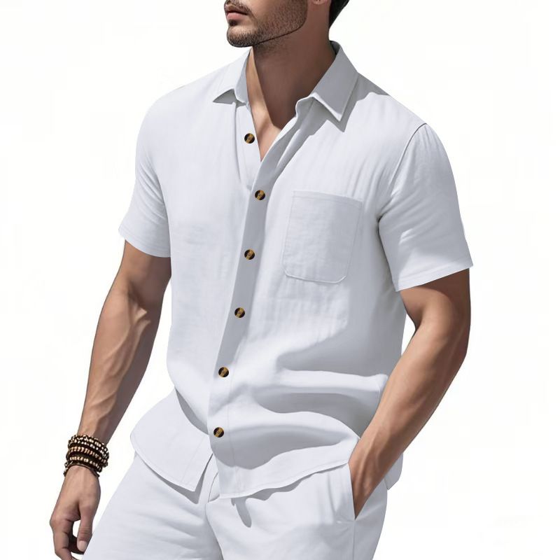 Herrenmode Lässiges Einfarbiges Hemd Pullover Knopf Leinen Baumwolle Bequemes Alltagsoberteil Kurzarmhemd Strand Sommerhemd_voghion.com