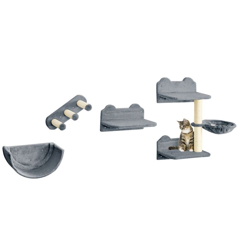PawHut Cat Wall Shelves, With Hammock, Scratching Post, Steps, Platforms, Gray_voghion.com