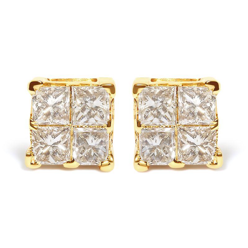 10K Yellow Gold 3/4 Cttw Invisible Set Princess-Cut Diamond Composite Square Stud Earrings (I-J Color, I2-I3 Clarity)_voghion.com