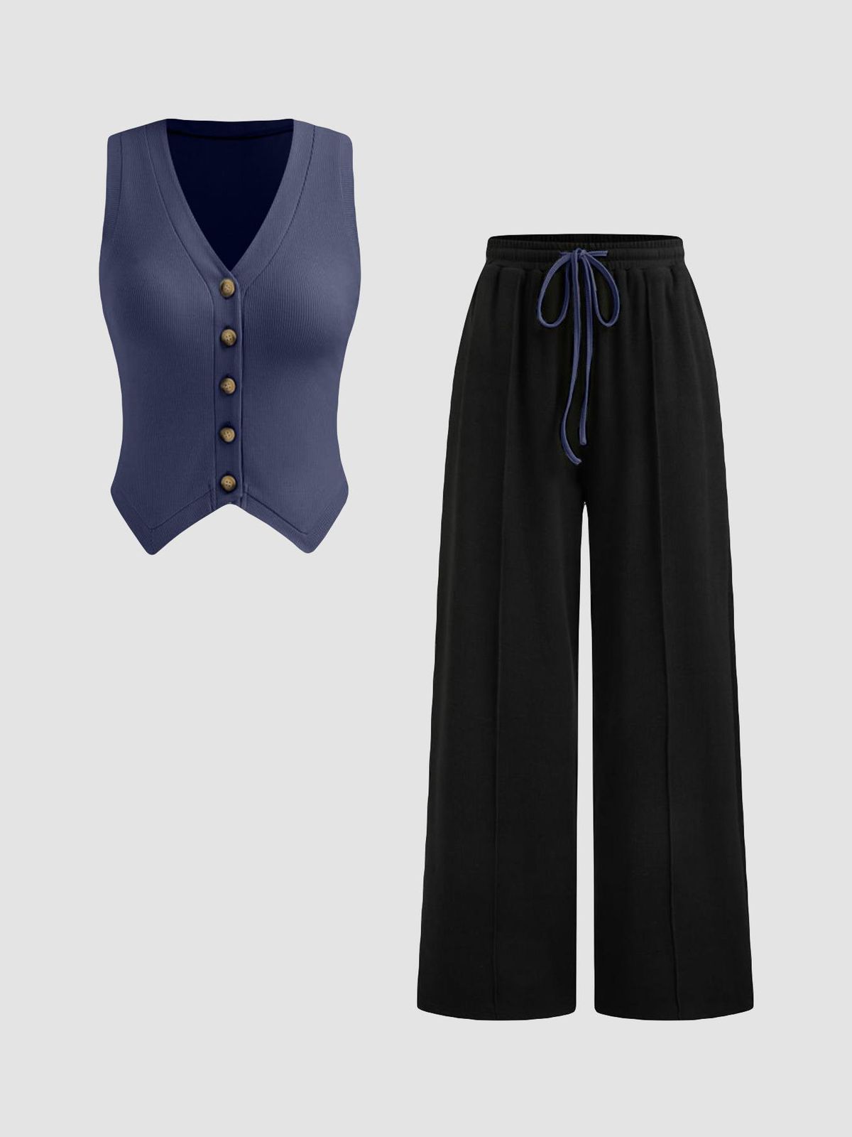 Damenbekleidung, einfarbige Strickweste mit Knöpfen und V-Ausschnitt + Hose mit weitem Bein und hoher Taille, modische, lässige, gerade Hose_voghion.com