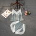 Damen dünne weiße Spitze Seidenspitze ohne Brustpolster geraffte Pyjama-Shorts zweiteiliges Set_voghion.com