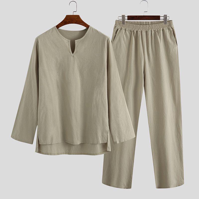 Herrenbekleidung einfarbig einfache lose Version Home Shirt Hose Langarm Herren Home Kleidung Freizeitanzug Spot_voghion.com