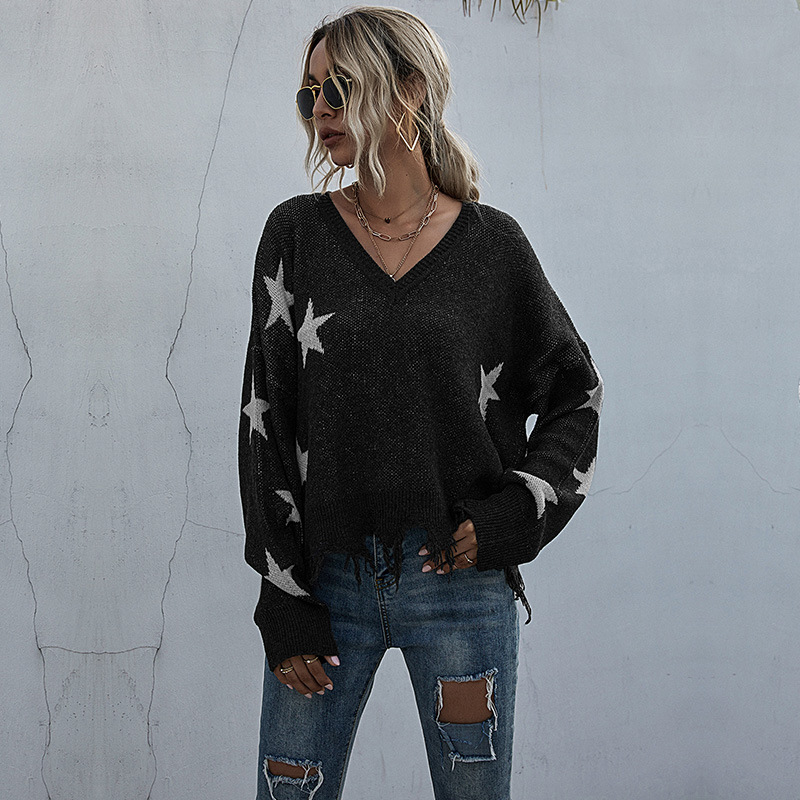 Vêtements pour femmes, station indépendante, motif étoile, col en v, pompon, pull tricoté pour femmes, automne et hiver_voghion.com