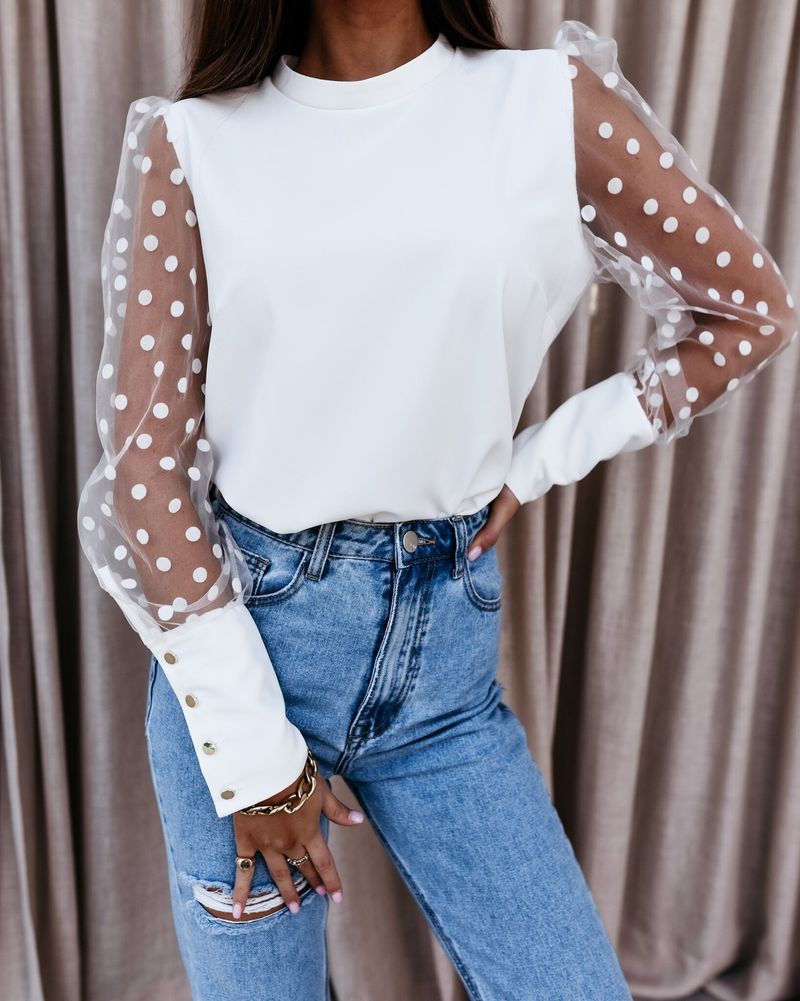 "Elegante camicetta in chiffon con maniche in pizzo - Top a maniche lunghe con collo semi-alto per donna, traspirante ed elegante, in bianco e nero - dalla S alla XXL"_voghion.com