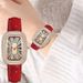 Full Diamond Rectangular Pigeon Egg Quartz Bright Leather Strap Watch_voghion.com