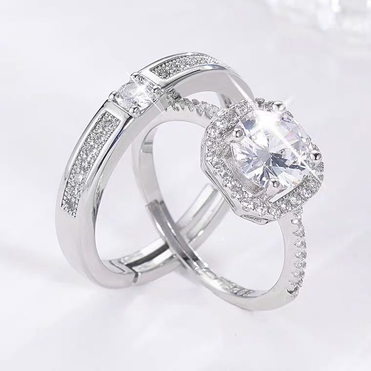 Paar Offene Diamant Simulierte Hochzeit Unisex Versilberte Ringe Damenschmuck_voghion.com
