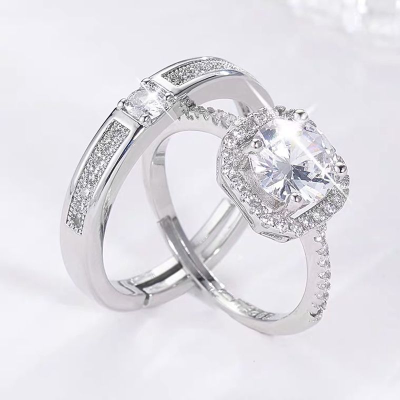 Couple Open Diamond Simulated Wedding Unisex Silver Plated Rings Women's Jewelry_voghion.com