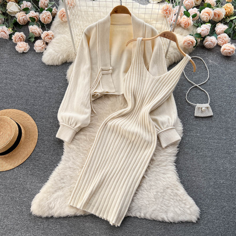 Completo da due pezzi con maglione corto e scialle da donna + abito con scollo a V_voghion.com