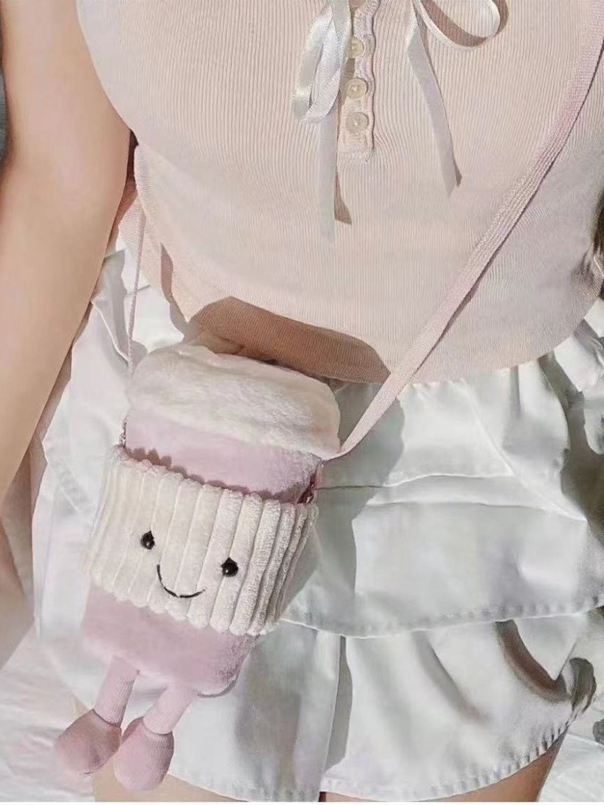 British Coffee Milk Tea 2024 New Crossbody Women's Plush Ins Style Portable Toy Cup Holder Bag_voghion.com