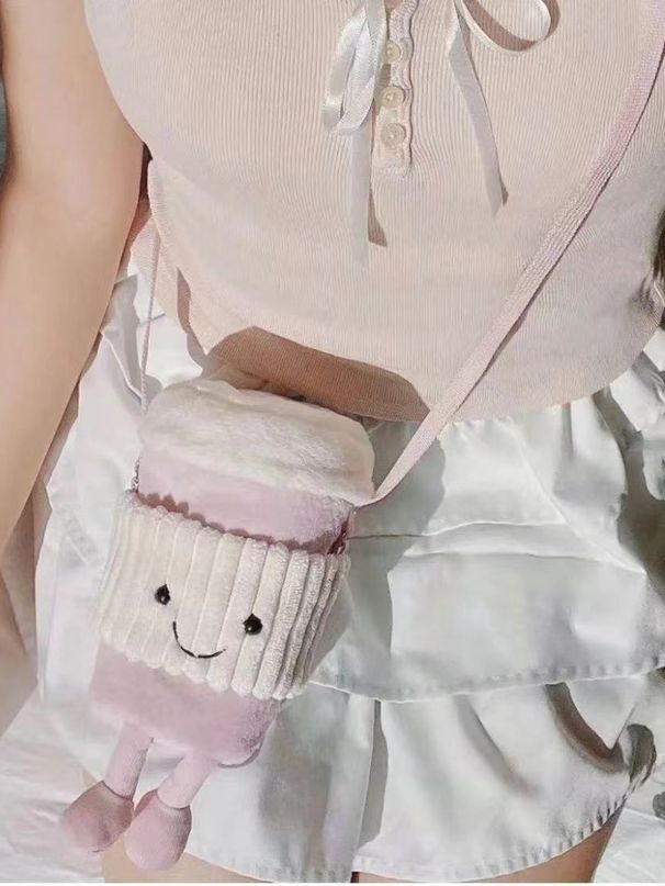 British Coffee Milk Tea 2024 New Crossbody Women's Plush Ins Style Portable Toy Cup Holder Bag_voghion.com