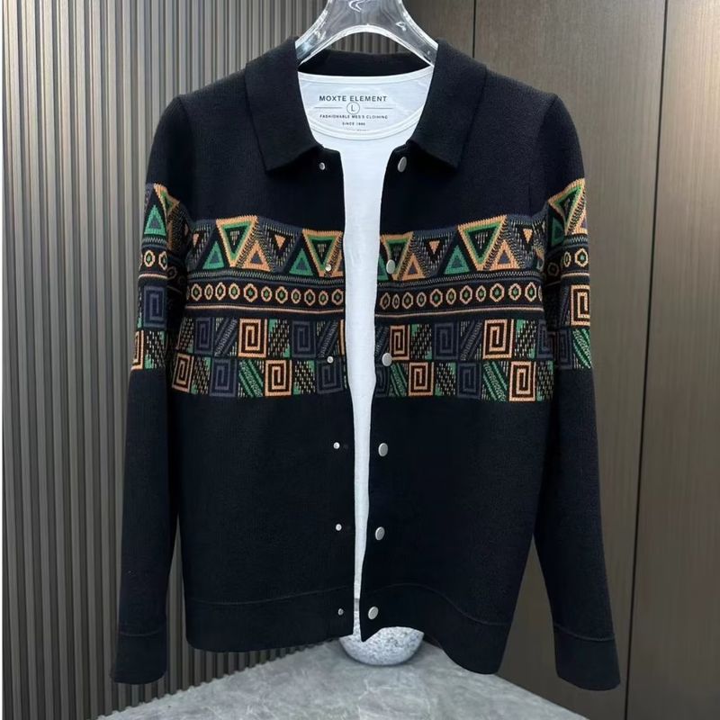 Vêtements pour hommes haut de gamme 2024 printemps et automne pull à revers pour hommes style ethnique veste cardigan jacquard beaux hauts décontractés_voghion.com