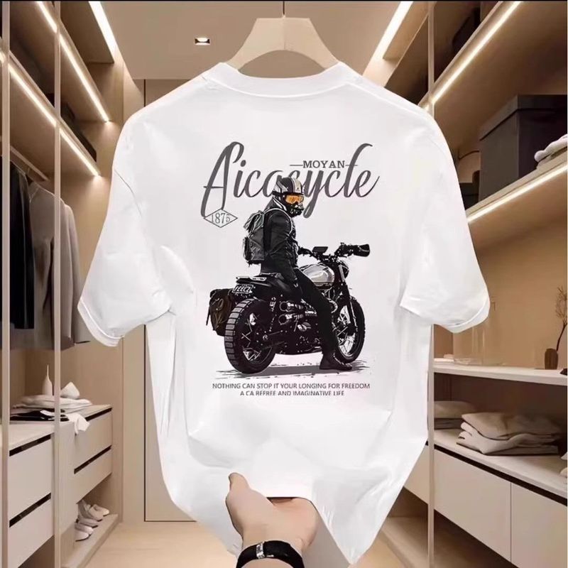 T-shirt à manches courtes pour hommes en été en pur coton imprimé moto rétro épaule droite col rond T-shirt à manches courtes pour hommes_voghion.com