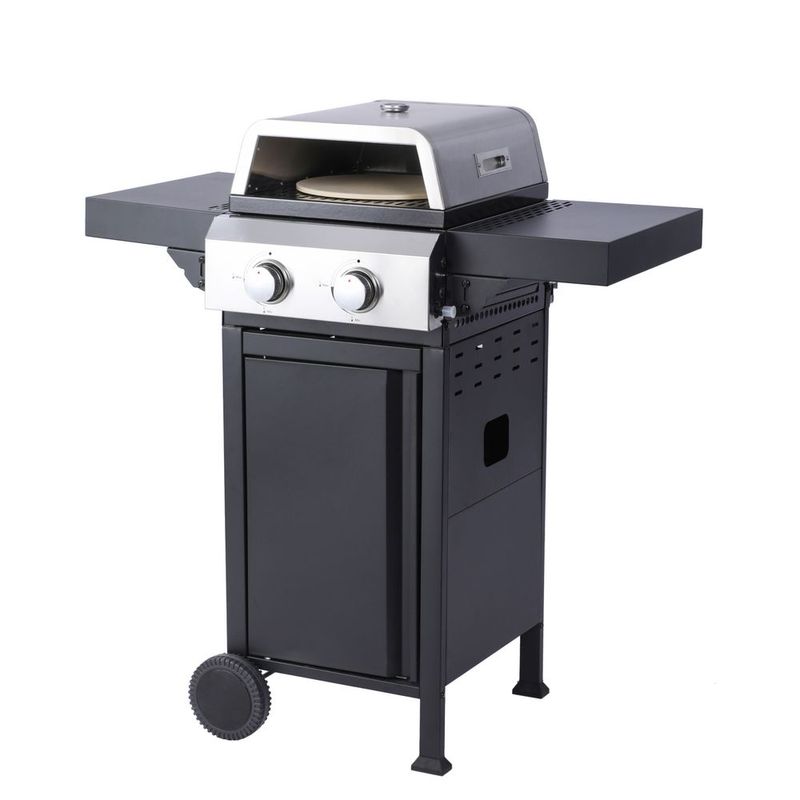 2-Burner Propane Gas BBQ Grill, Pizza Box, 24600BTU Output With Wire Enamel Cooking Grids For Outdoor Barbecue, Foldable Side Table, Hanging Basket,_voghion.com