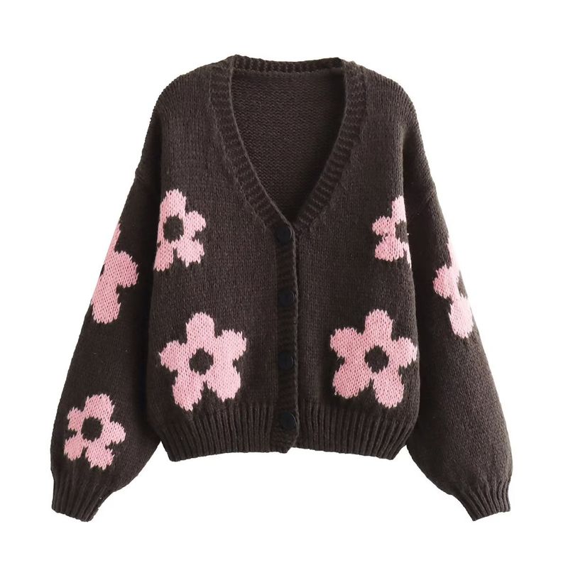 2024 autumn and winter new women's V-neck three-dimensional inlaid flower lazy style knitted jacket B62807_voghion.com