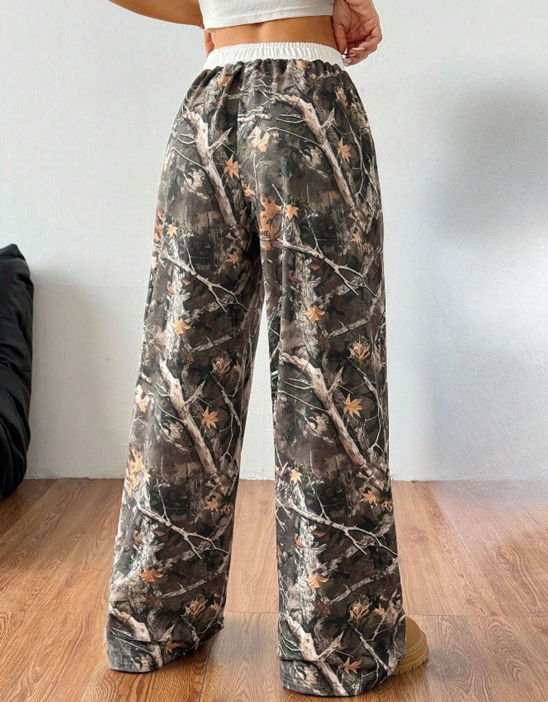 Damenmode Lässige elastische Taille Camouflage Print Schlanke Wischhose mit weitem Bein_voghion.com