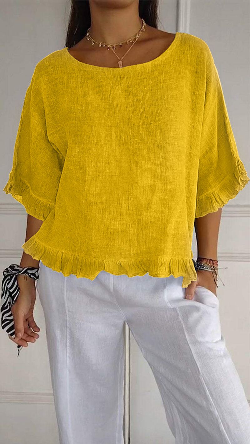 Camicia estiva da donna a maniche corte, girocollo, in cotone e lino, tinta unita, versione ampia_voghion.com