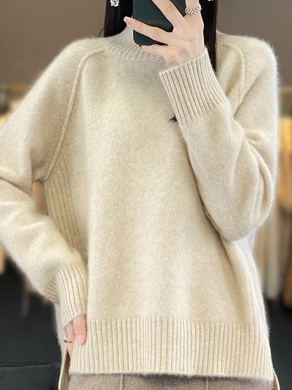 Damenbekleidung: Strickpullover mit Saum – Weiche Schafwollmischung, Pullover mit hohem Halsausschnitt, lässige, lockere Passform, einfarbiges Oberteil (Weiß, Beige, Khaki, Grau, Schwarz)_voghion.com
