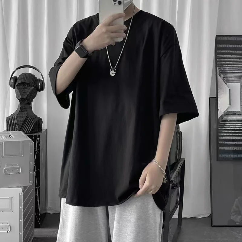 Herren-T-Shirt Mit Halben Ärmeln, Innen, Rundhalsausschnitt, Lockere Passform, Sommer, Trendig, Basic, Einfarbig, Weiß, Freizeitkleidung_voghion.com
