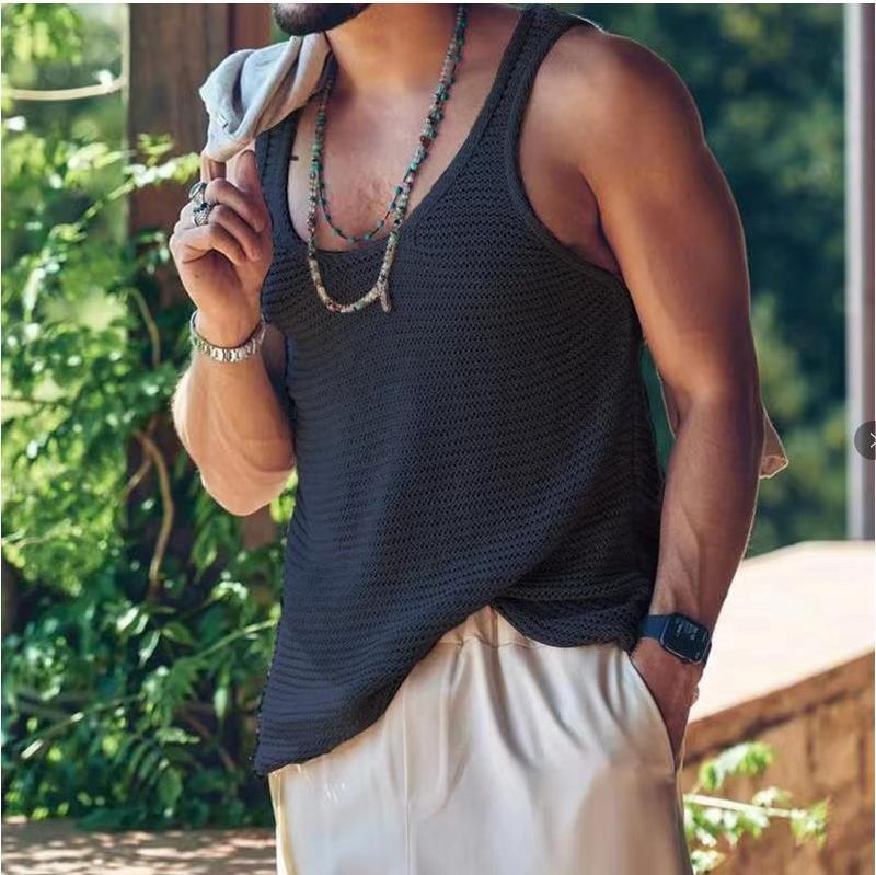 Men's Clothing  casual versatile camisole racerback sports vest men's casual menswear solid color knitted vest men's_voghion.com