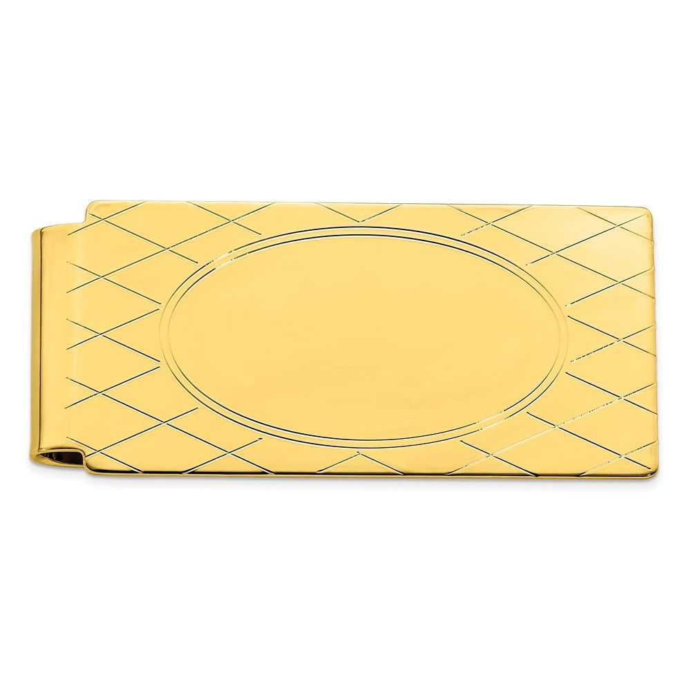 Gold-plated Kelly Waters Hinged Money Clip With Crosshatch And Engravable Oval Center_voghion.com
