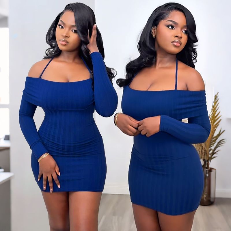 Abito sexy in maglia monospalla da donna – Abito midi aderente con maniche lunghe e spalle scoperte (bluastro, S/M/L/XL/XXL)_voghion.com
