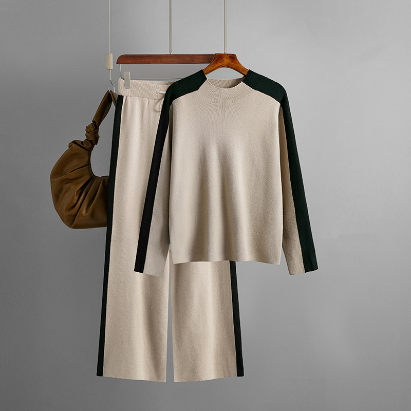 Women's half turtleneck sweater set color patchwork nine-point pants fashion two-piece set_voghion.com