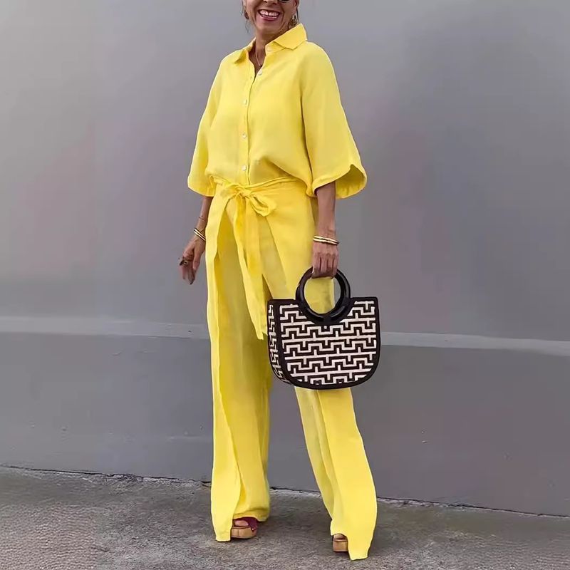 Vêtements pour femmes, chemise décontractée en coton et lin de couleur unie, ceinture, jambe large, pantalon irrégulier_voghion.com