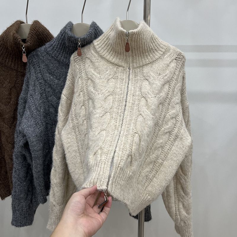 Maglione con collo alto e cerniera – Cardigan corto in maglia grossa a trecce (carbone, beige, caffè, taglia unica)_voghion.com