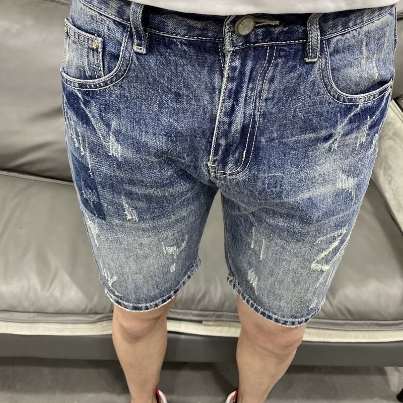 Vintage Light Blue Labeled Men's Denim Shorts - Slim Fit Stretch Summer Casual Shorts With Distressed Wash​_voghion.com