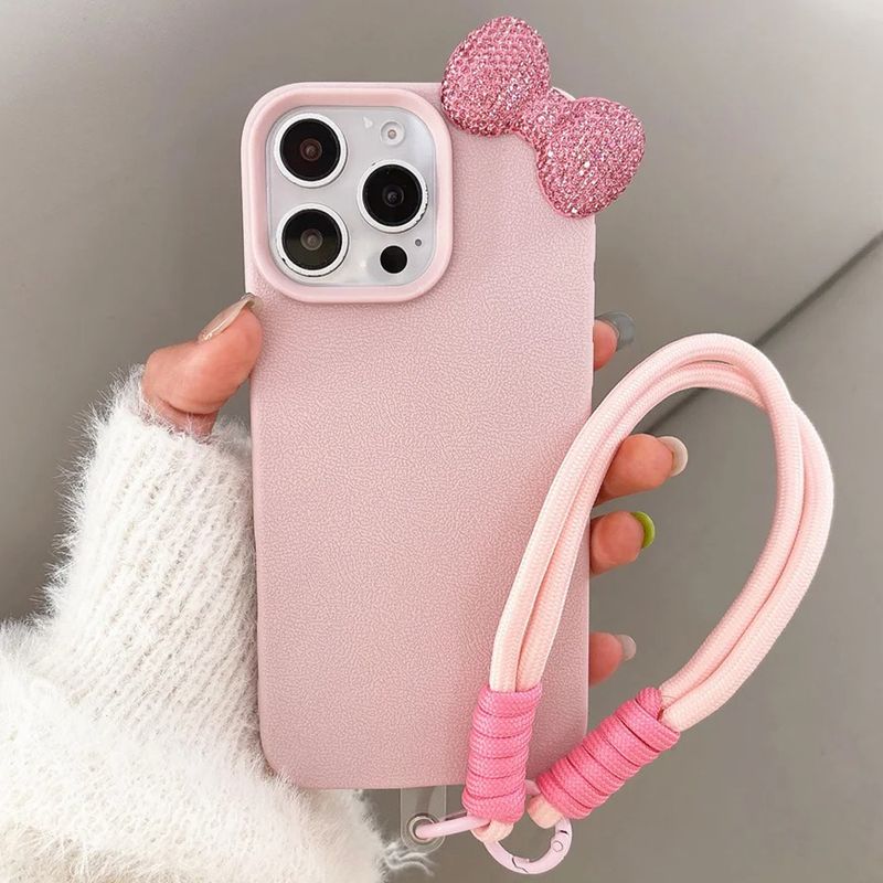 3D Rhinestone Bow Litchi Pattern Soft Phone Case For Iphone 11 12 13 14 15 16 Pro Max Plus 16E X XS XR With Lanyard Rope_voghion.com